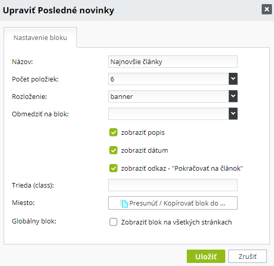 Nastavenia bloku Posledné novinky - BiznisWeb