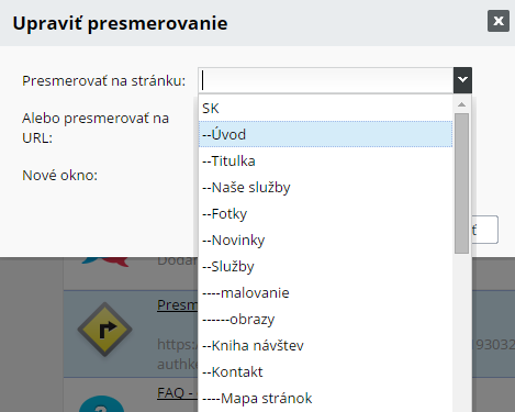 presmerovanie na podstránku webu