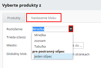 Rozloženie produktov pre postranný stĺpec