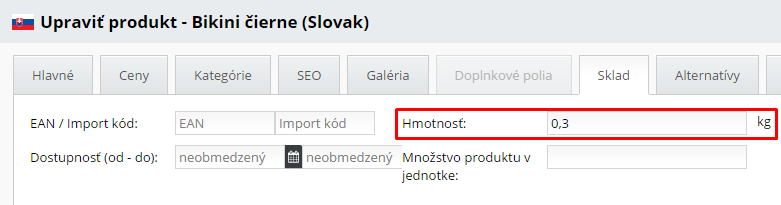 hmotnosť produktu