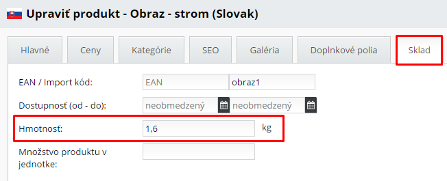 hmotnosť produktu bez skladu