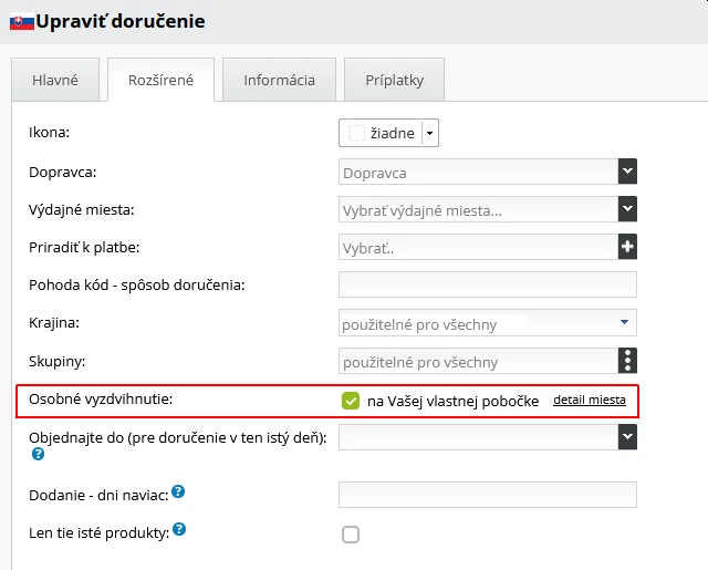 Nastavenia doručení v e-shope - záložka Rozšírené