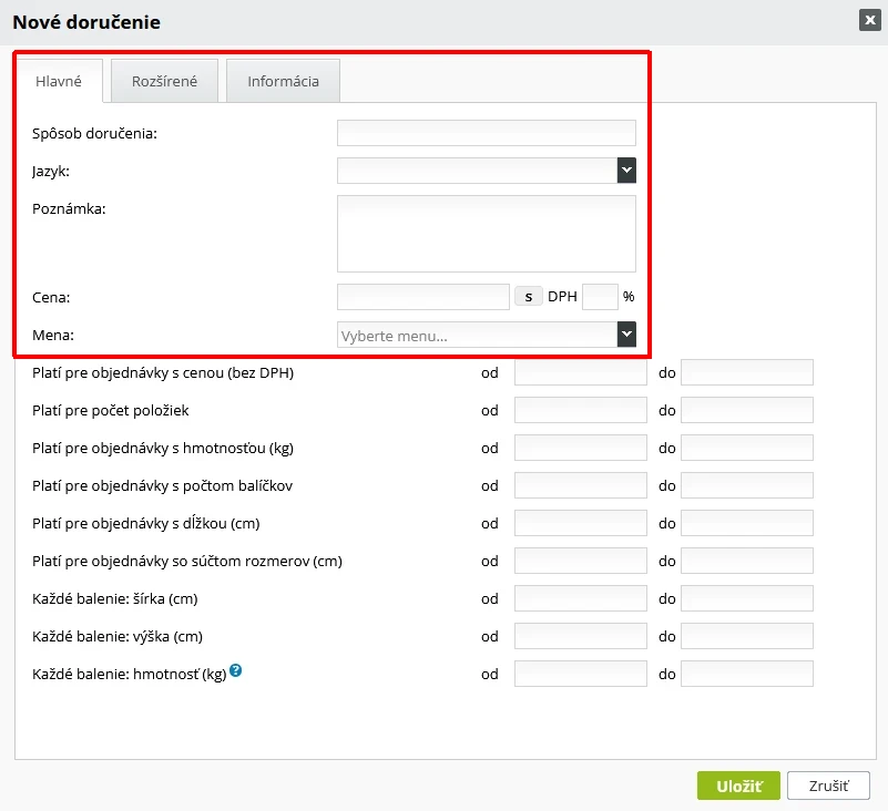 Okno nové doručenie, nastavenie doručenia v e-shope Nastavenie možnosti doručenia v e-shope - BiznisWeb.sk
