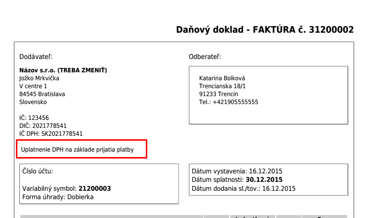 faktúra s poznámkou o uplatnení DPH po prijatí platby