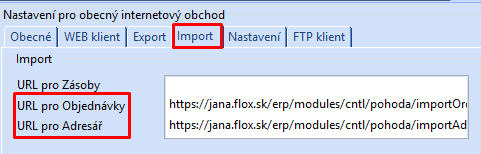 URL pre import dát do Pohody