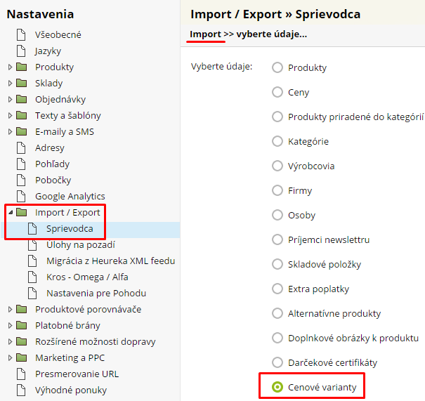 import cenové varianty