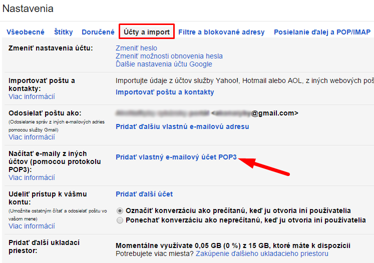 pridať vlastný email do gmailu POP3