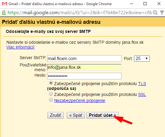 server SMTP - odchádzajúca pošta