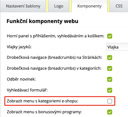 Vypnutie kategórií eshopu - BiznisWeb