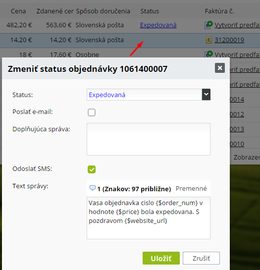zmena statusu objednávky a SMS správa