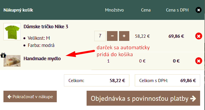 automatické pridanie bonusového produktu do košíka