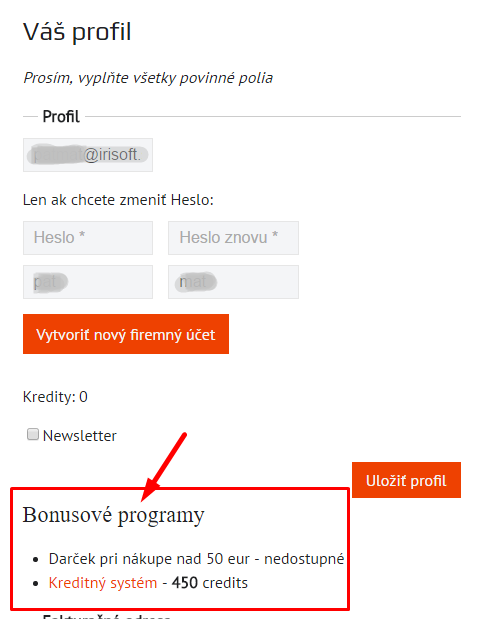 profil registrovaného používateľa a zobrazenie kreditov