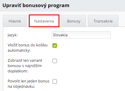 nastavenia bonusového programu