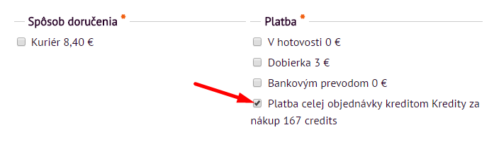 platba kreditmi za objednávku