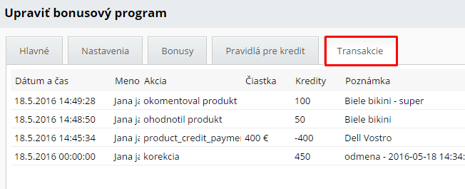 transakcie bonusového programu