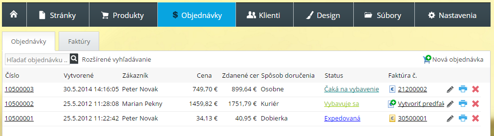 Objednávky v administrácii e-shopu