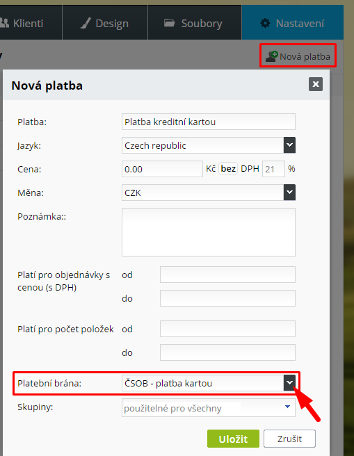 nastavenie platby kreditnou kartou