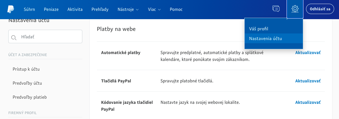 PayPal nastavenie účtu