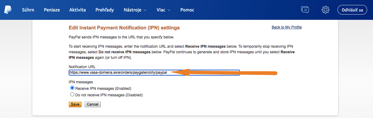 nastavenie IPN v PayPale
