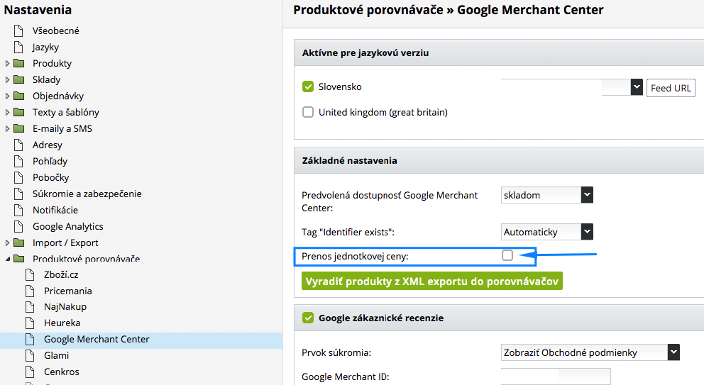 prenos jednotkovej ceny do Google Merchant Centra