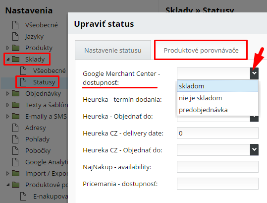 nastavenie statusu pre google nákupy, ak sa používa sklad