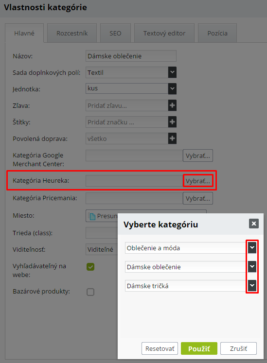 Podpora pre kategórie Heuréky v admine eshopu