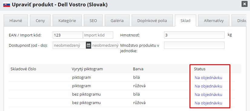 upravený skladový status vo variantoch produktov