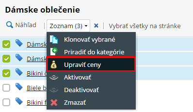 hromadne upraviť ceny