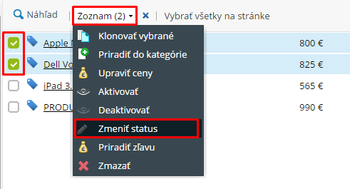hromadná zmena skladového statusu