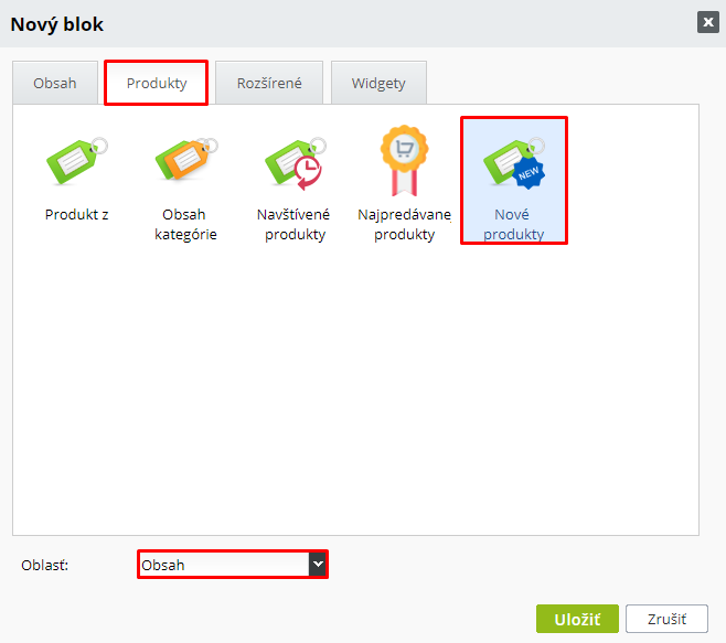 Přidání bloku Nejnovější produkty