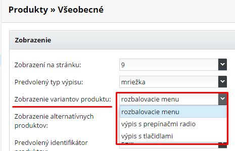 zobrazenie variantov produktov