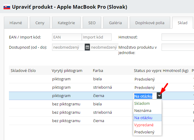 Sklad v detaile produktu