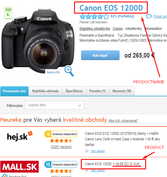 Rozdiel medzi tagmi Product a Productname na Heureka.sk