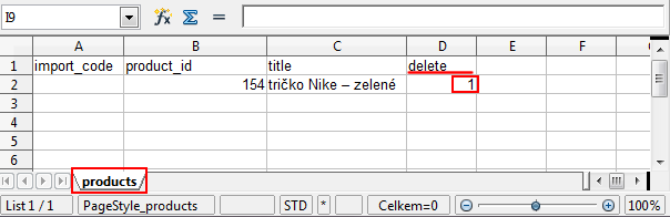 vymazanie produktu pomocou súboru .xls