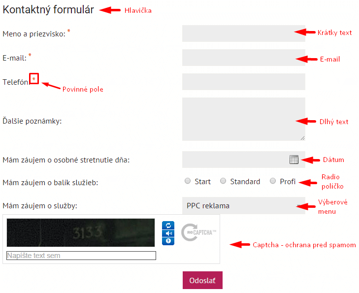 Zobrazenie web formulara na webovej stranke