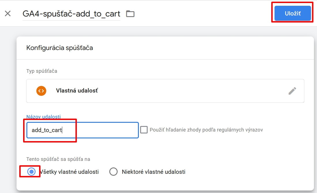 GTM: konfigurácia spúšťača - vlastná udalosť