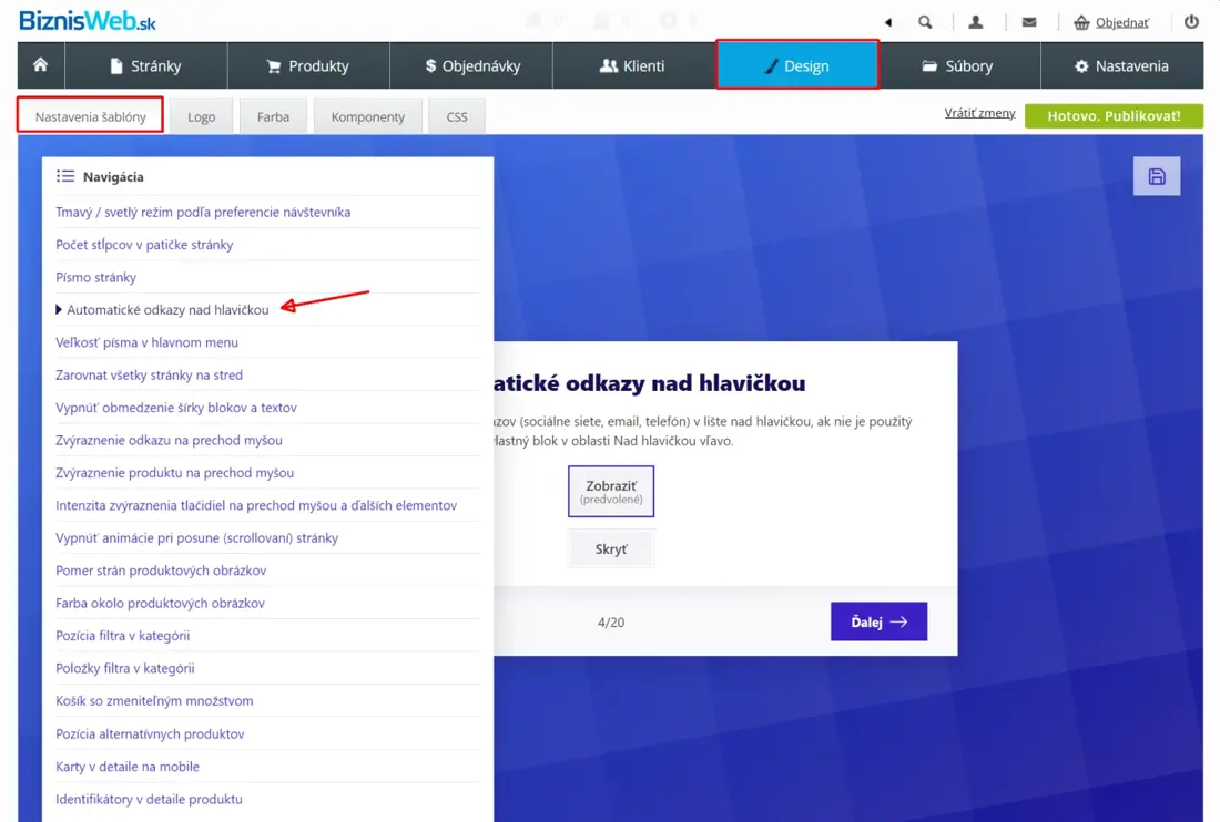 Design - Nastavenia šablóny. Možnosť vypnutia automatických odkazov