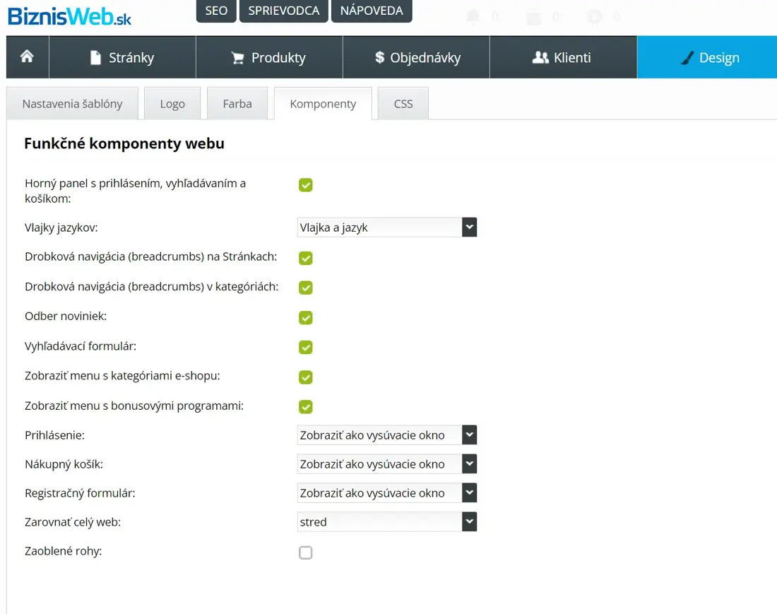 Design - Komponenty v šablóne Barcelona od BiznisWeb.sk