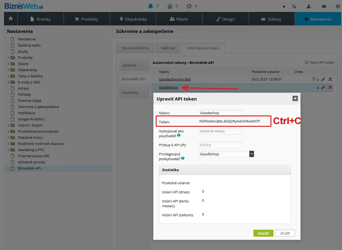 Kopírovanie API tokenu pre GoodEshop: