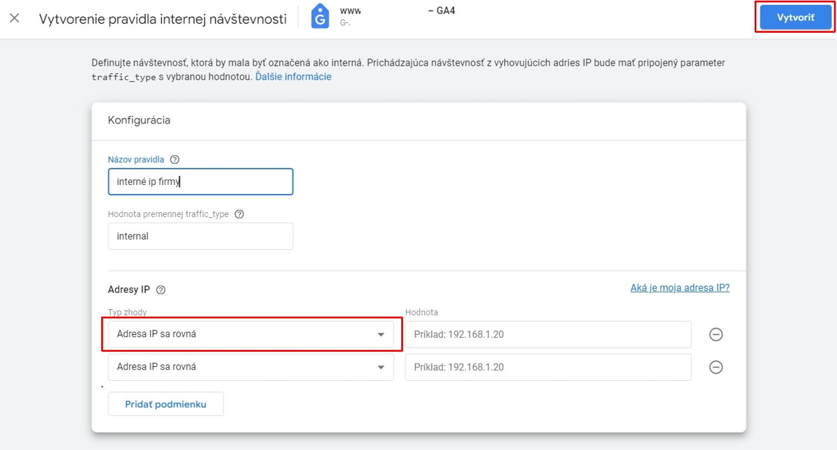 GA4 filter návštevnosti: definovanie interných IP adries