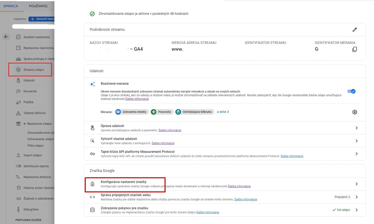 GA4 - Streamy údajov - konfigurácia nastavení značky