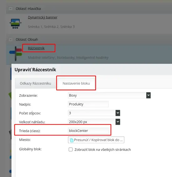 Stránky - Bloky - Nastavenie bloku - Nastavenie triedy (class)
