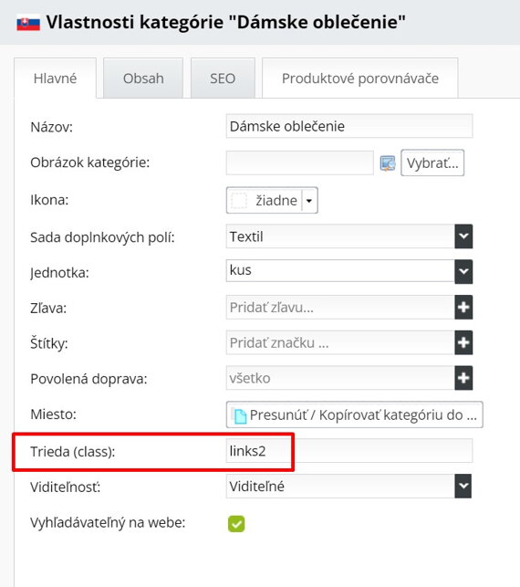 Vlastnosti kategórie : trieda Links2