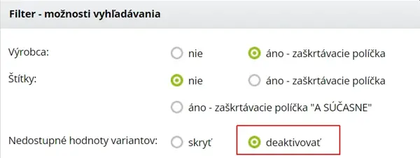 Nastavenie pre zobrazenie nedostupných velkostí vo filtri - typ pola checkbox