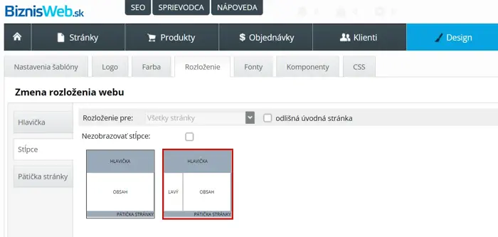 Zmena rozloženia webu v Design - rozloženie - stĺpce