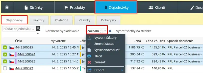 Hromadné akcie s objednávkami