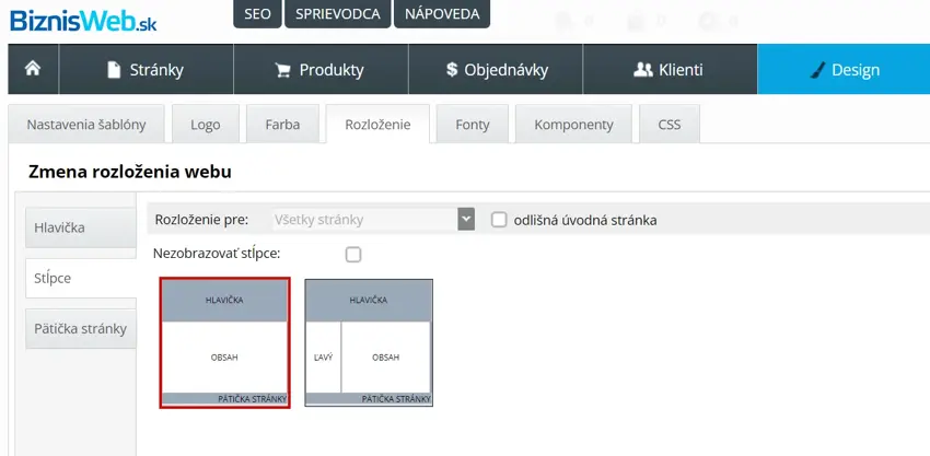 Šablóna Verona: nastavenie pre rozloženie obsahu / layout stránky