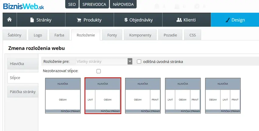 Flat šablóna: nastavenie layoutu - stĺpce webu