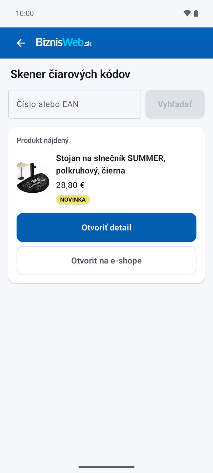 Nájdený produkt s odkazom na detail a na e-shop