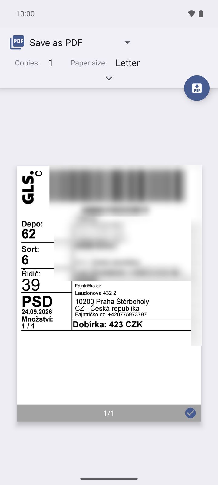 Tlač štítku prepravcu (náhľad v tlačovom dialógu Androidu)